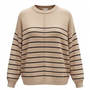 NWT ~ Women's Tan & Black Striped Crew Neck Casual Sweater ~ Size MEDIUM